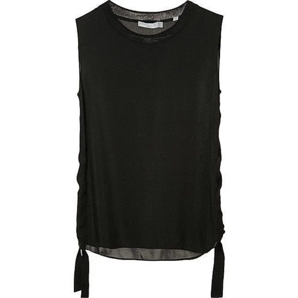 Pima Muscle Tank Blouse BLACK Sleeveless Ribbed Knit Detail Collar Side Strings - Picture 1 of 9